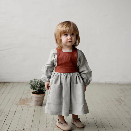 Girls Nordic Linen Pinafore Dress - Contrast-Strap Custom Colour