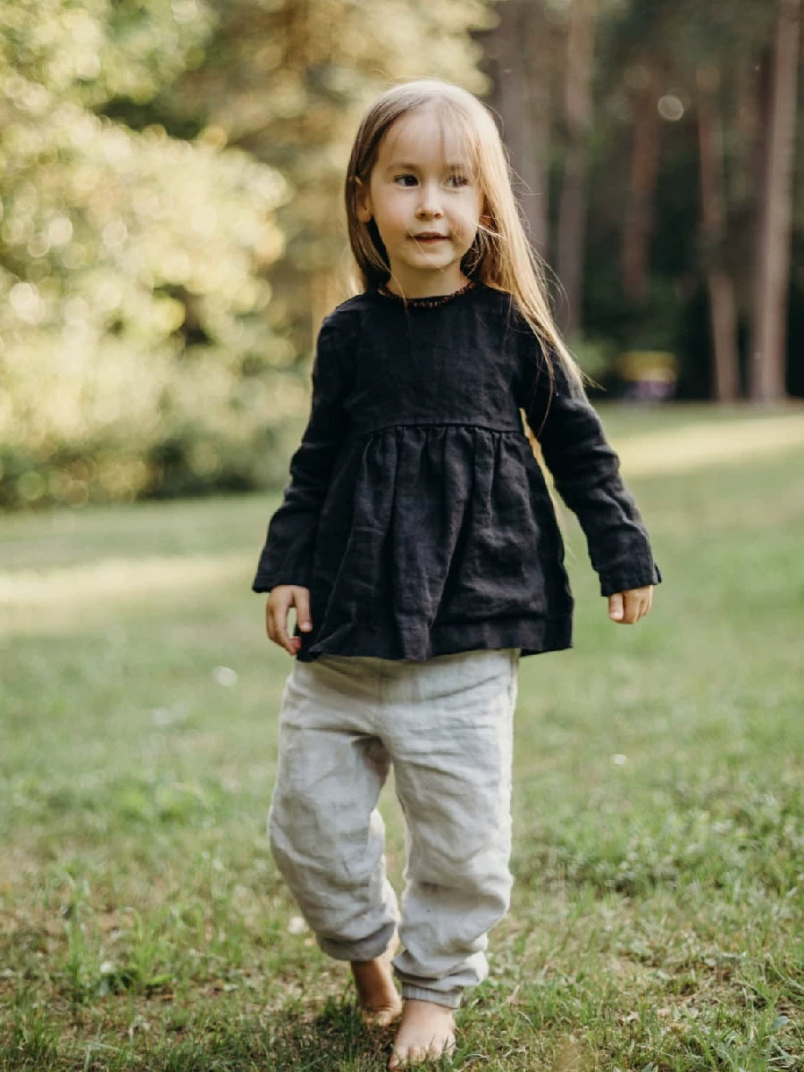 Girls Pure Linen Embroidered Shirt - Nordic Long-Sleeve Top