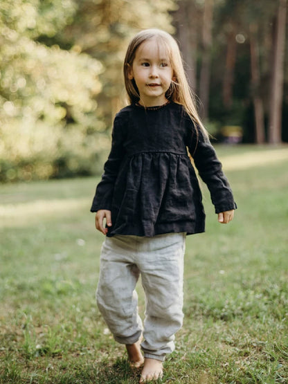 Girls Pure Linen Embroidered Shirt - Nordic Long-Sleeve Top