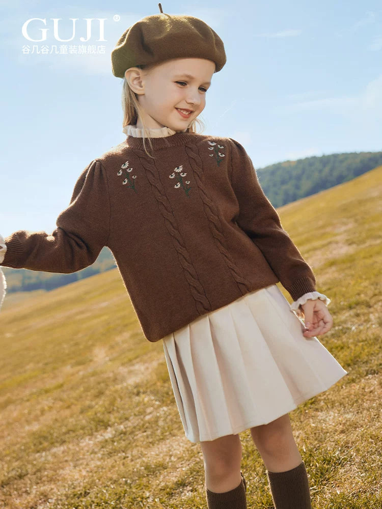 Girls Hand-Knit Crew-Neck Sweater - Embroidered Lace-Trim Pullover