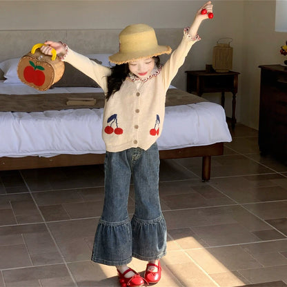 Girls Knit Vest, Tee & Jeans Three-Piece Set - Cherry Print Autumn Separates