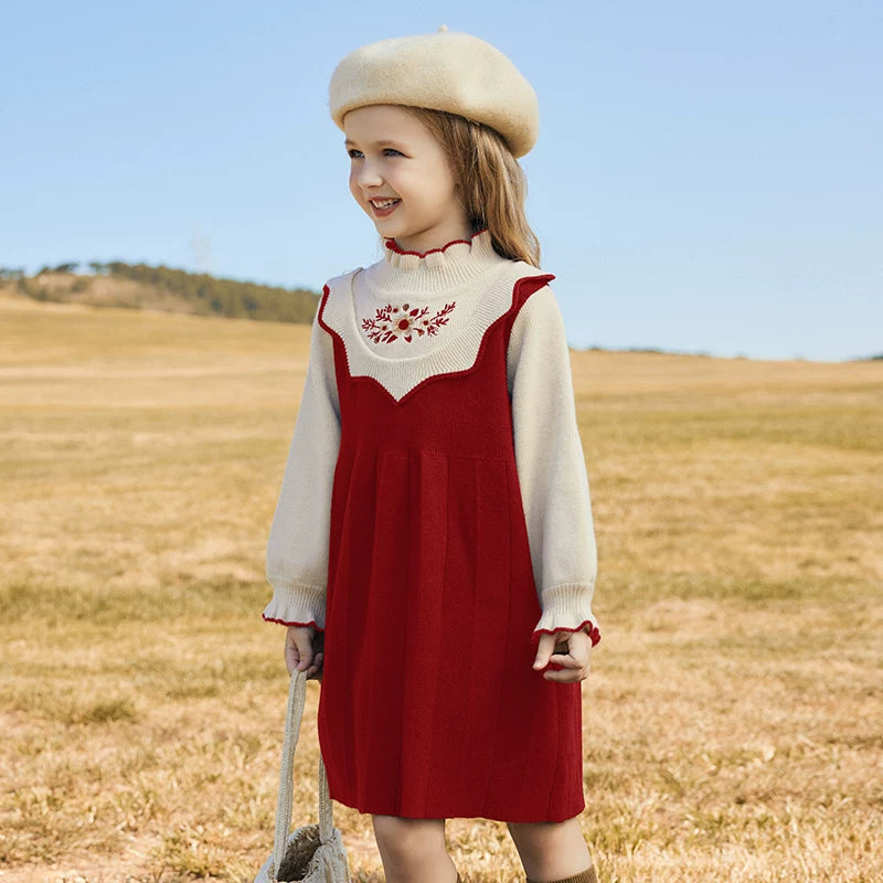 Girls Preppy Princess Sweater Dress - Embroidered Knit Midi, Fleece Options