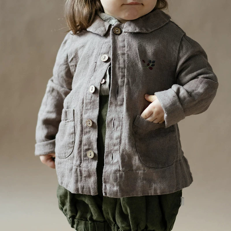Kids Linen Crew-Neck Jacket - Little-Alice Autumn Cardigan Coat
