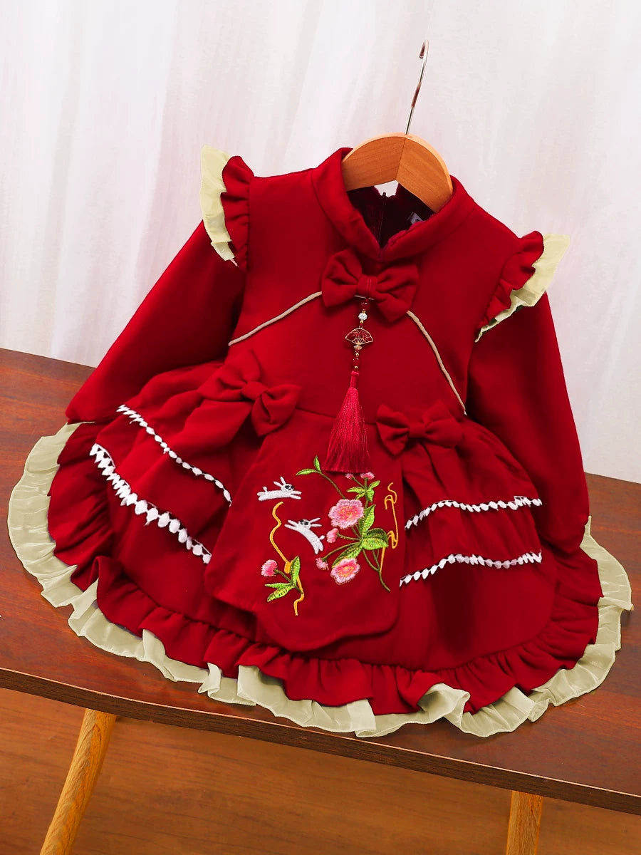 Girls Fleece-Lined New-Year Lolita Dress - Wine Red / Pink Princess Gown