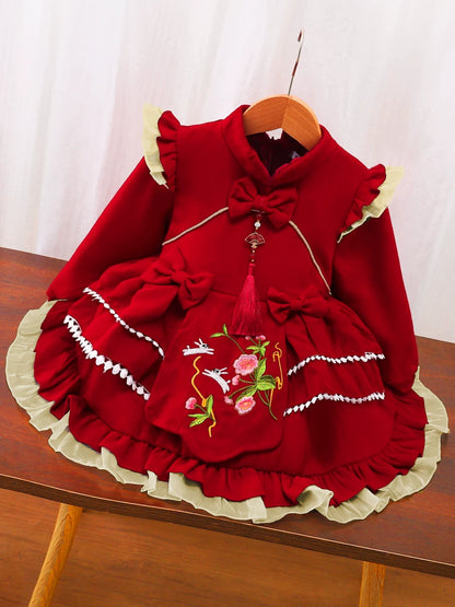 Girls Fleece-Lined New-Year Lolita Dress - Wine Red / Pink Princess Gown