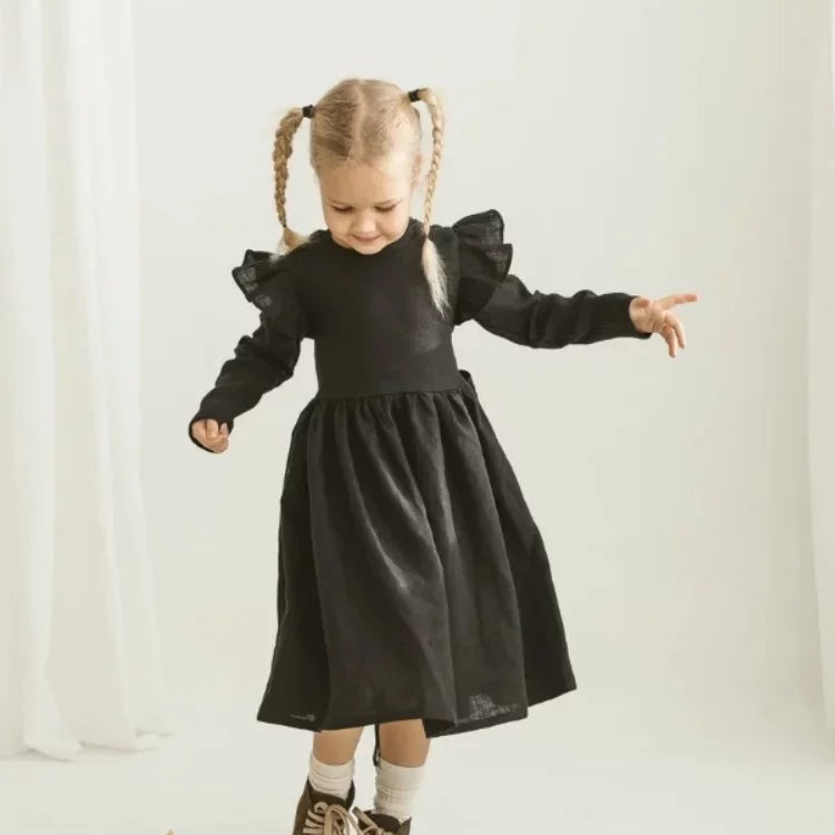 Girls Nordic Linen Dress - Black Long-Sleeve Autumn