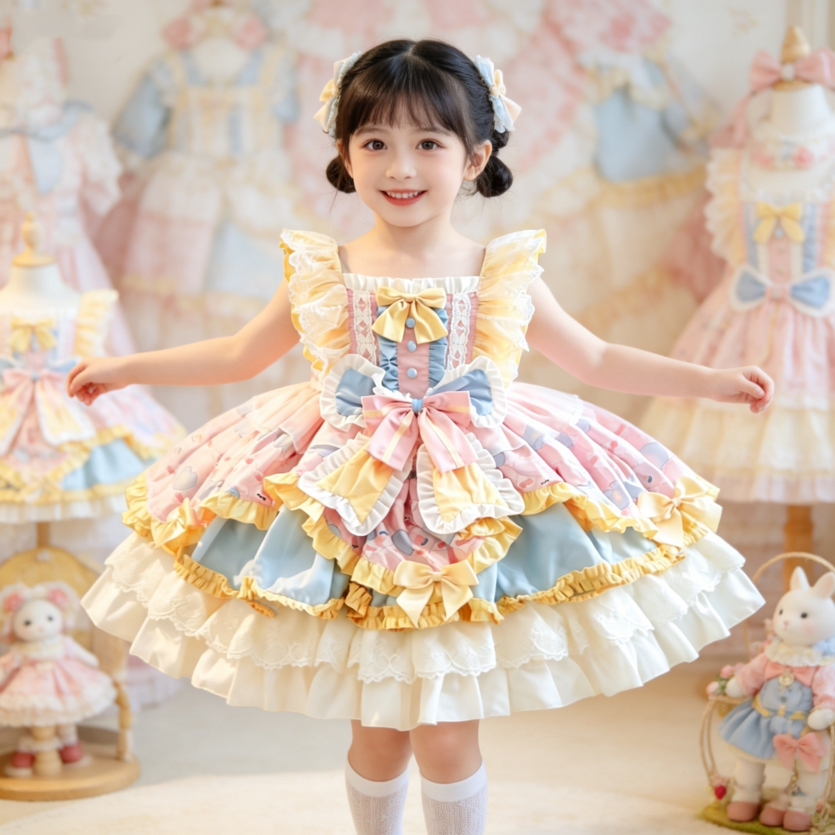 Girls Butter-Pink Lolita Cake Dress - Stage-Ready Birthday Princess Gown