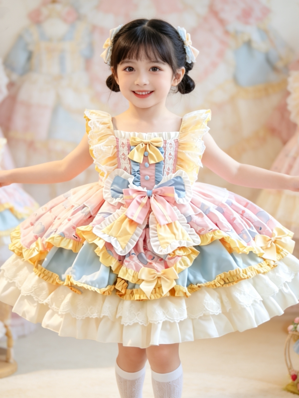 Girls Butter-Pink Lolita Cake Dress - Stage-Ready Birthday Princess Gown