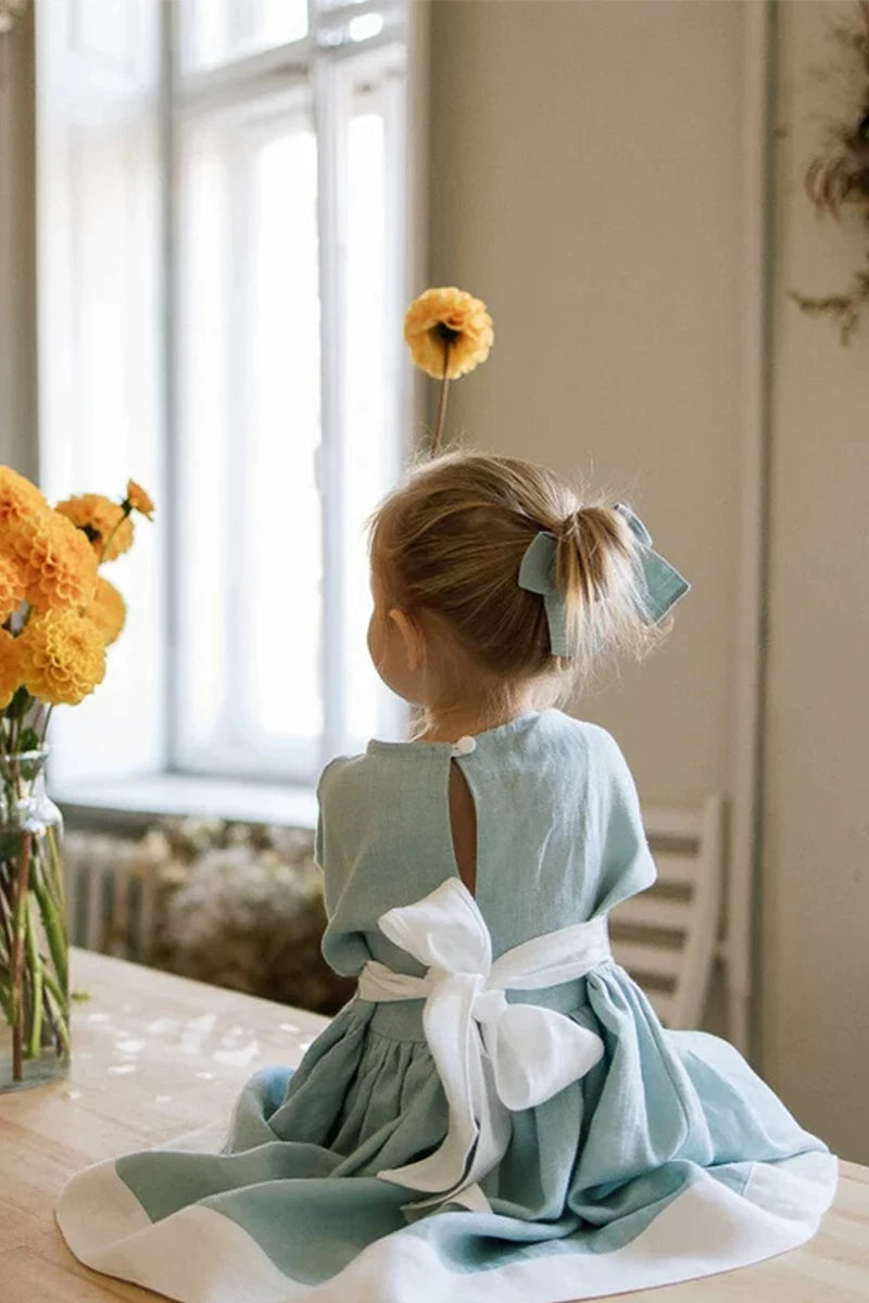 Girls Linen Midi Dress - Ins-Style Retro Three-Quarter Sleeve