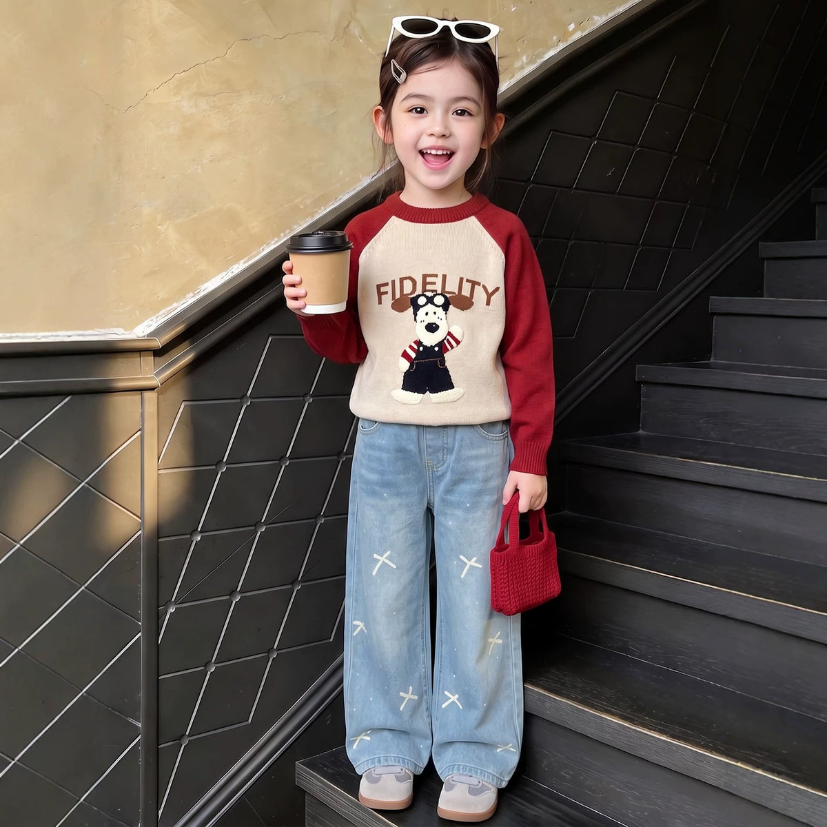Girls Knit Sweater & Wide-Leg Jeans Set - Soft Autumn Two-Piece