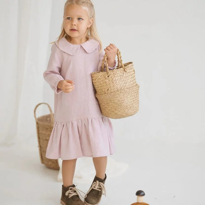 Girls Nordic Linen Dress - Everyday Pink Long-Sleeve