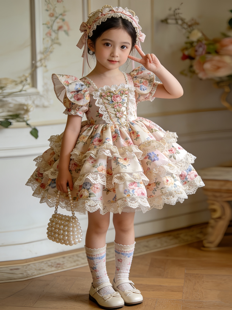 Girls Floral Lolita Birthday Dress - Puffy Cake Princess Gown with Hair Accessory Option