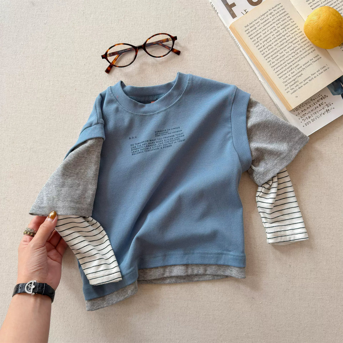 Girls Letter Print Faux Two-Piece Tee - Korean Contrast Layering