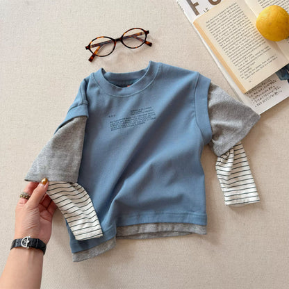 Girls Letter Print Faux Two-Piece Tee - Korean Contrast Layering