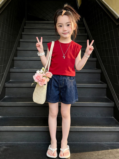 Girls Red Tee & Wide-Leg Denim Shorts Set - Cool Summer Outfit