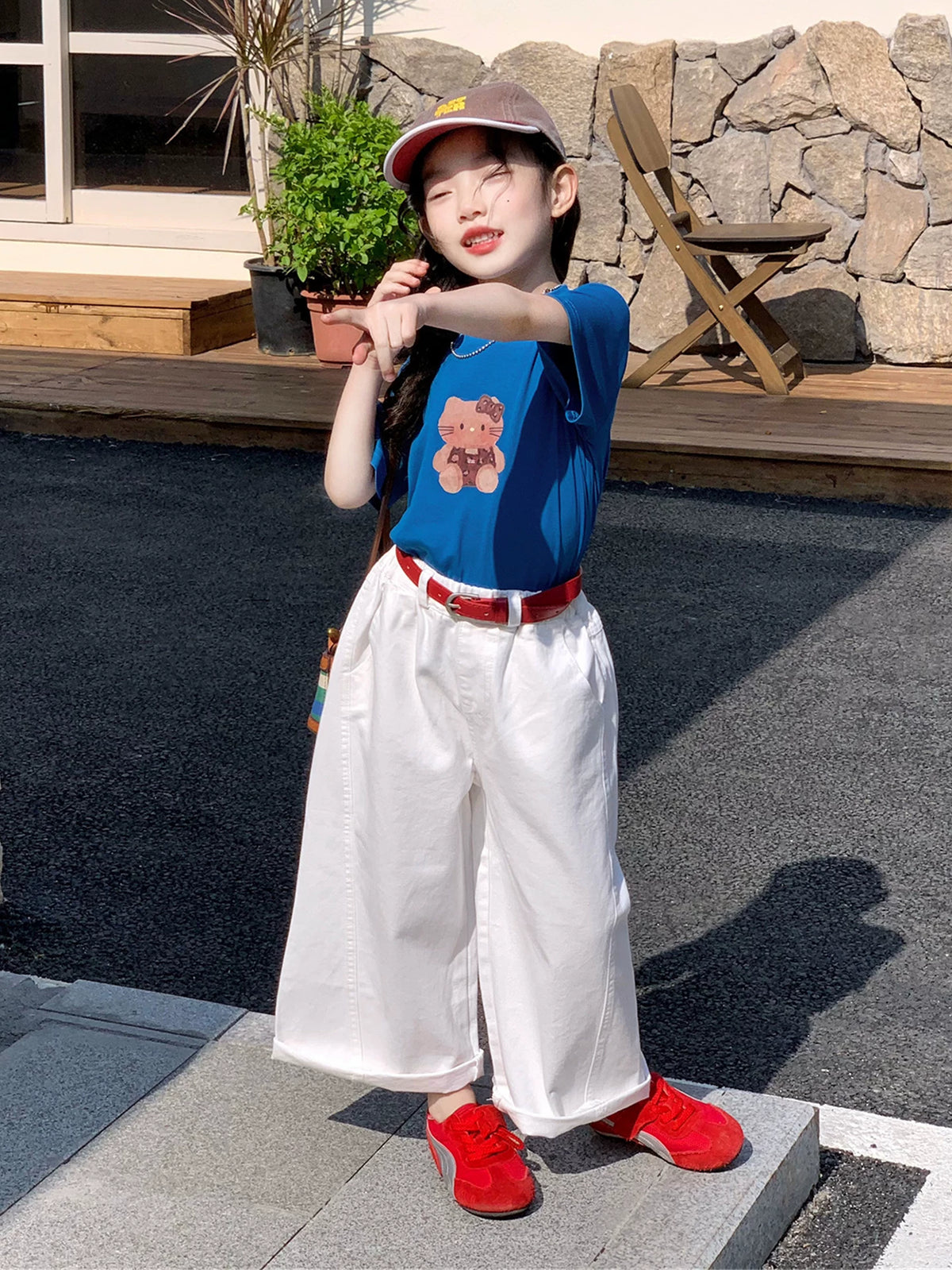 Girls Cartoon Tee & Wide-Leg Pants Set - Summer with Belt