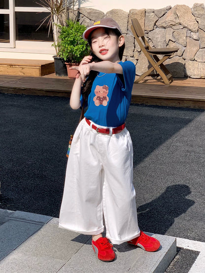 Girls Cartoon Tee & Wide-Leg Pants Set - Summer with Belt