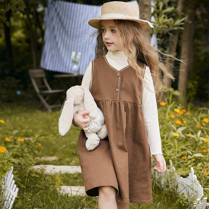 Girls Retro Pinafore Dress - Forest-Style Long suspender Skirt