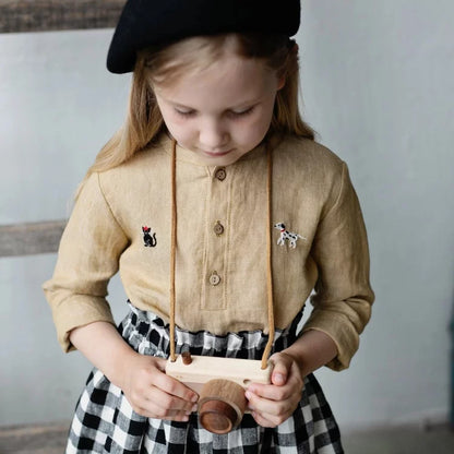 Kids Nordic Linen Shirt - Yellow Embroidered Long-Sleeve