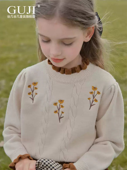 Girls Hand-Knit Crew-Neck Sweater - Embroidered Lace-Trim Pullover