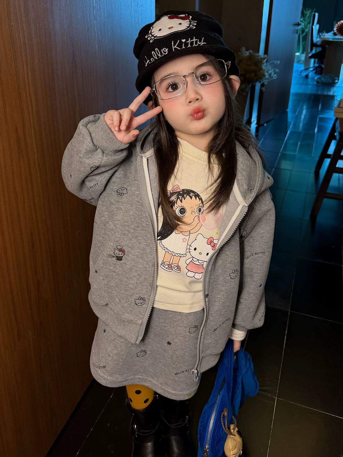 Girls Hooded Zip Cardigan & Skirt Set - Korean Cartoon Autumn