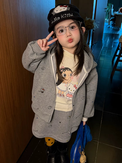 Girls Hooded Zip Cardigan & Skirt Set - Korean Cartoon Autumn