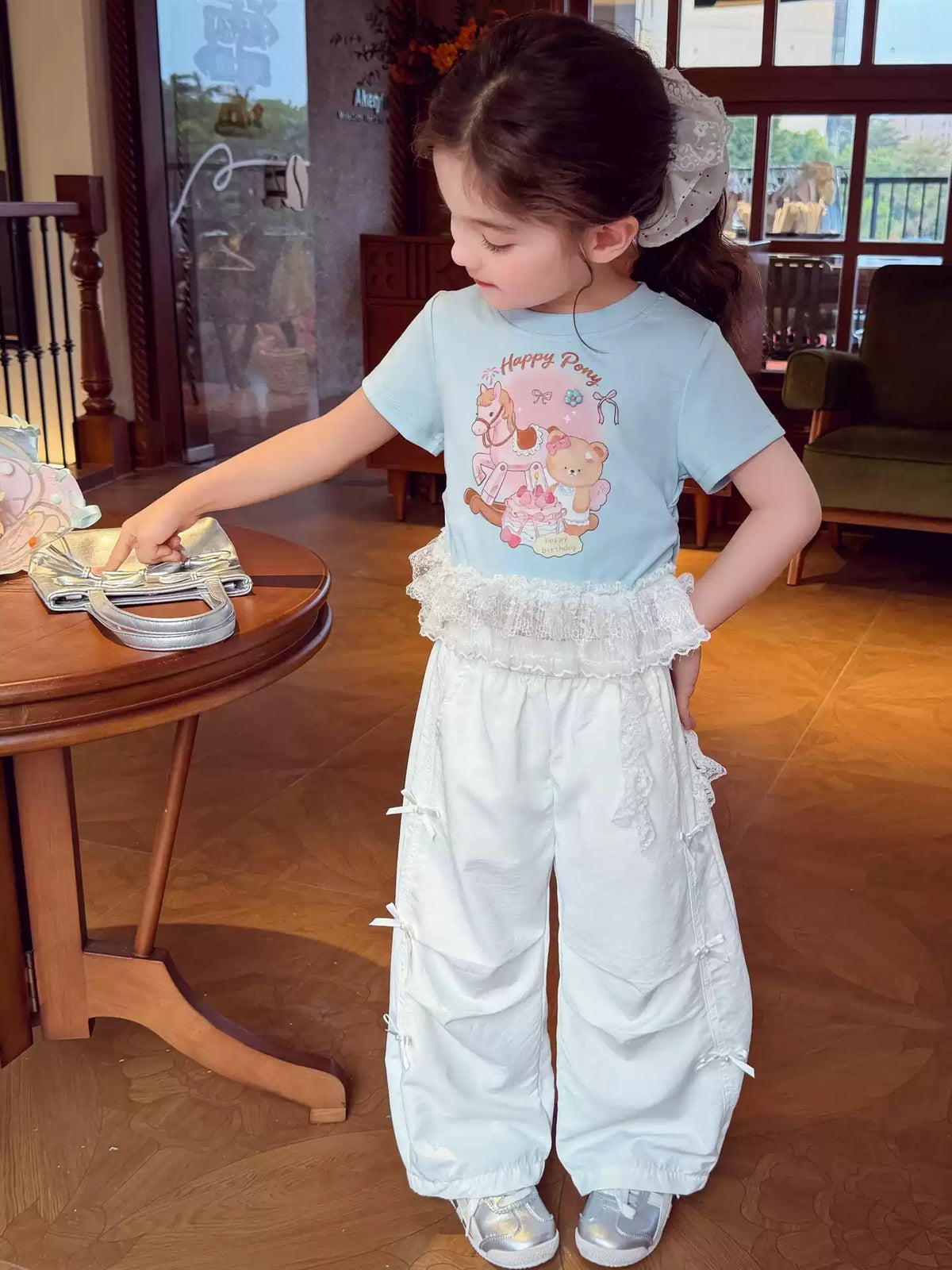 Girls Lace-Sleeve Cartoon Tee - Ballet-Style Summer Top