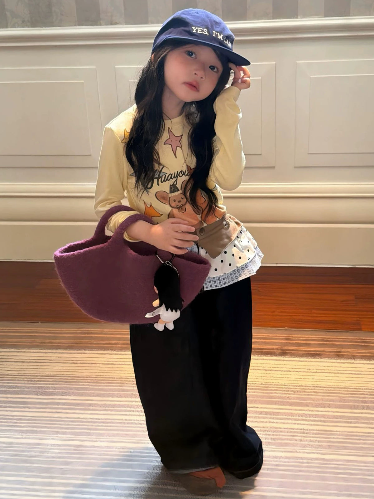 Girls Cartoon Tee & Skirt-Panel Jeans Set - Cotton Autumn