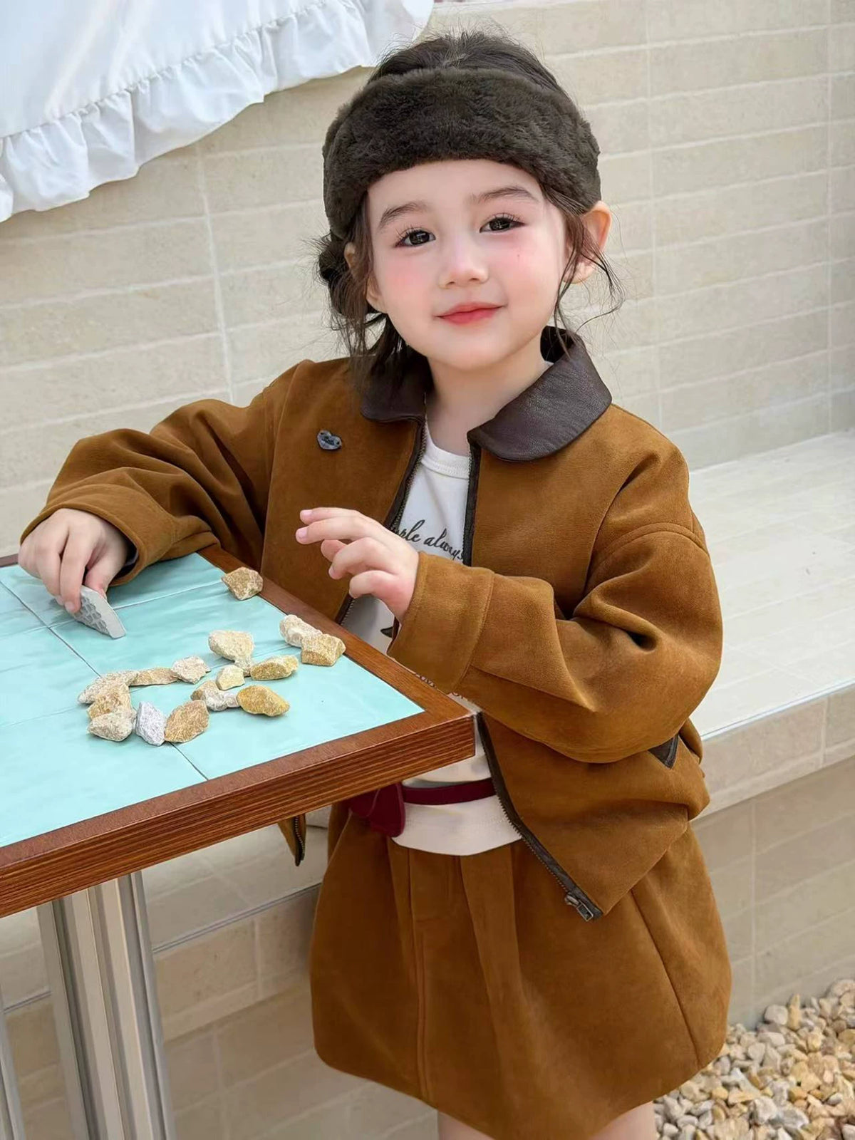 Girls Suede Jacket & Midi Skirt Set - Korean Autumn Two-Piece