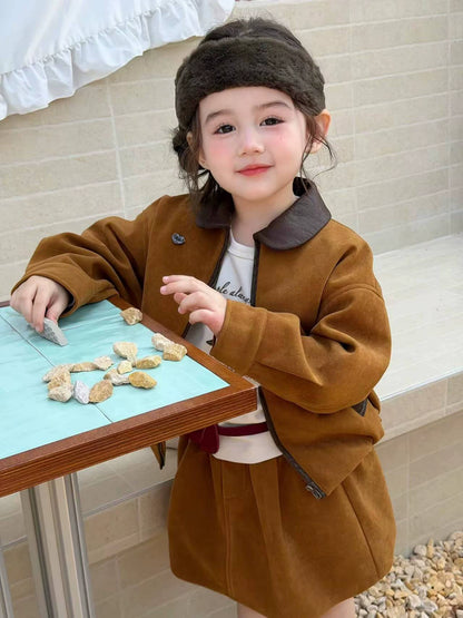 Girls Suede Jacket & Midi Skirt Set - Korean Autumn Two-Piece