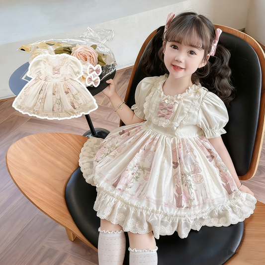 Girls Teddy-Bear Lolita Sundress - Short-Sleeve Puffy Flower-Girl Dress
