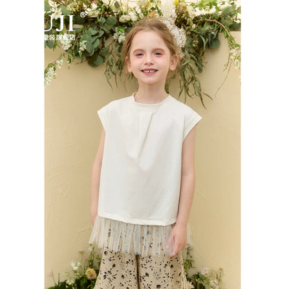Girls Spliced Short-Sleeve Tee - Relaxed Summer Patchwork Top