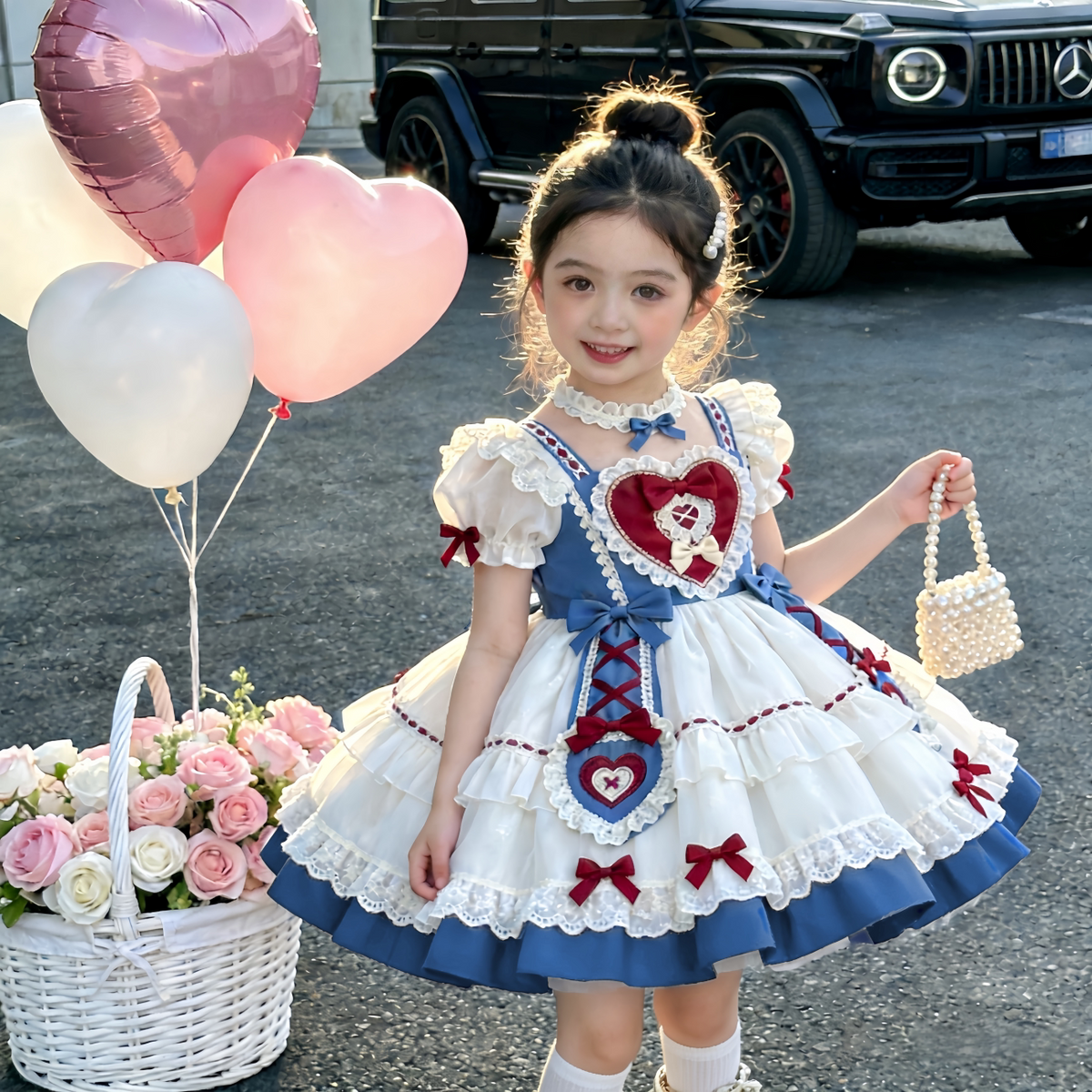 Girls Snow-White Lolita Dress - Sweet Puffy Birthday Stage Gown with Necklace Option
