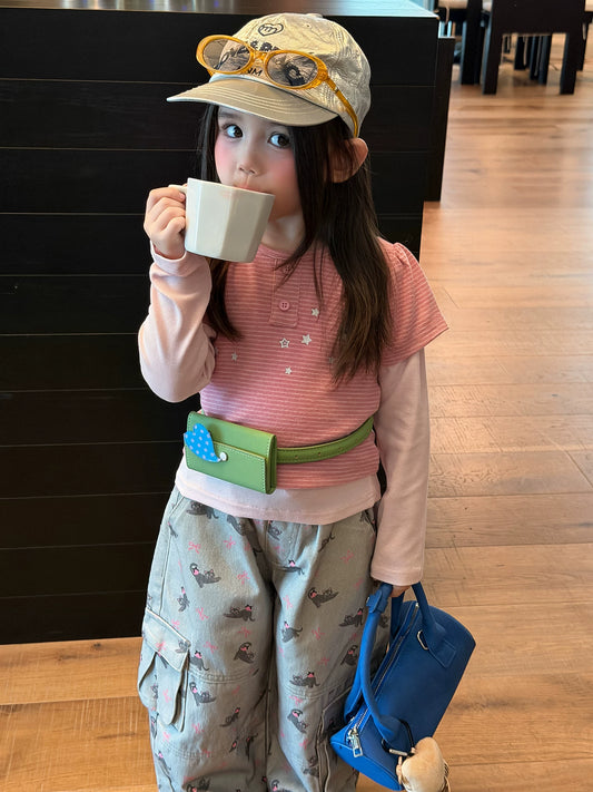 Girls Striped Star Tee Two-Piece & Cartoon Cargo Pants Set - Autumn Mix & Match