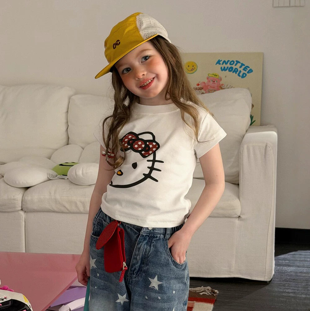 Girls Cartoon Tee & Star Denim Capri Set - Summer Mix & Match Outfit
