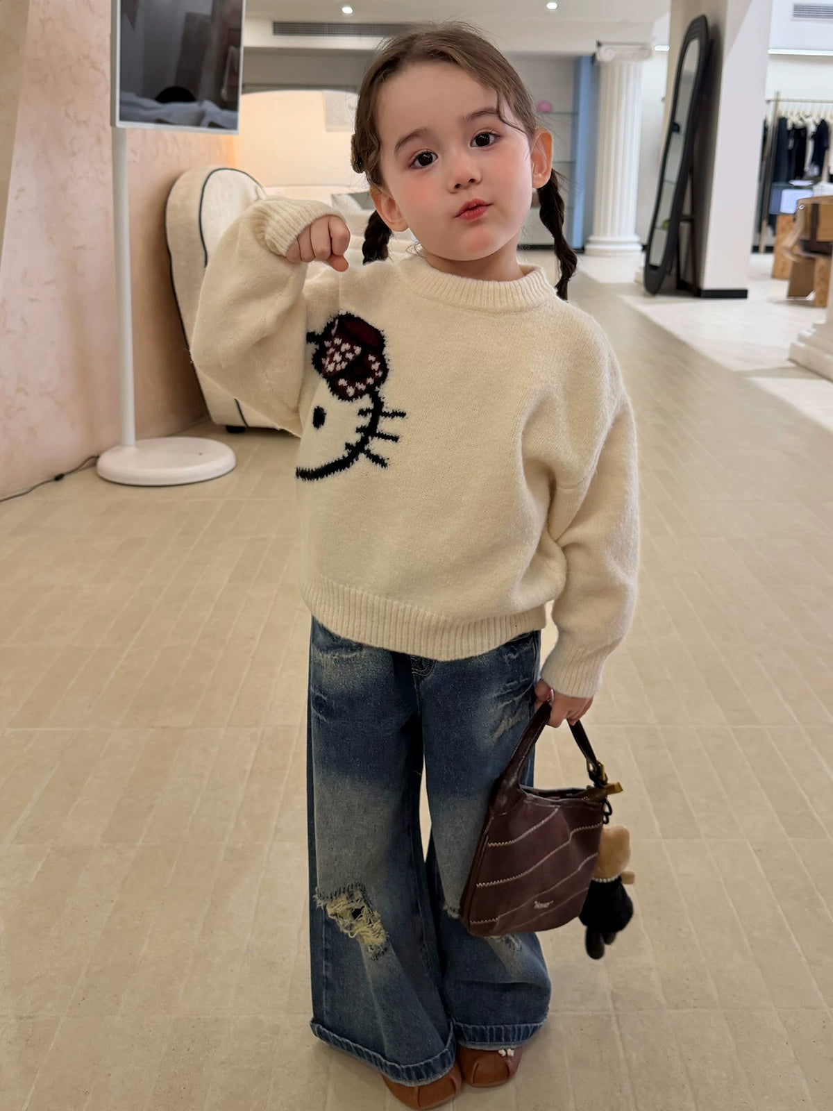 Girls Kitty Cartoon Sweater & Jeans Set - Soft Knit Autumn Two-Piece