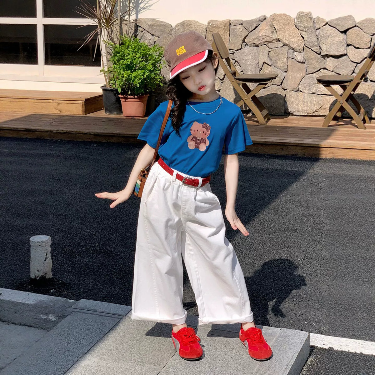 Girls Cartoon Tee & Wide-Leg Pants Set - Summer with Belt