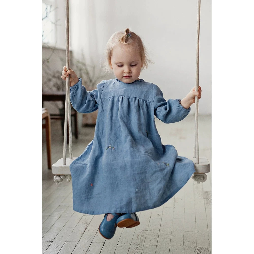 Pure Linen Lace-Collar Dress - Embroidered Long-Sleeve Autumn