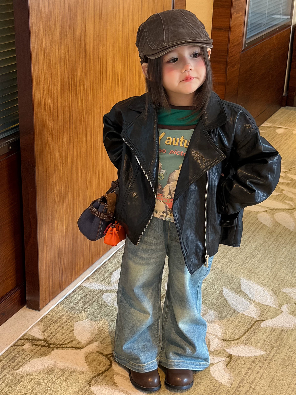 Girls PU Biker Jacket & Flare Jeans Set - Retro Moto Autumn