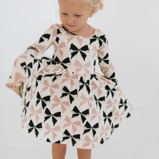 Girls Nordic Linen Dress - Black Bow Long-Sleeve Autumn