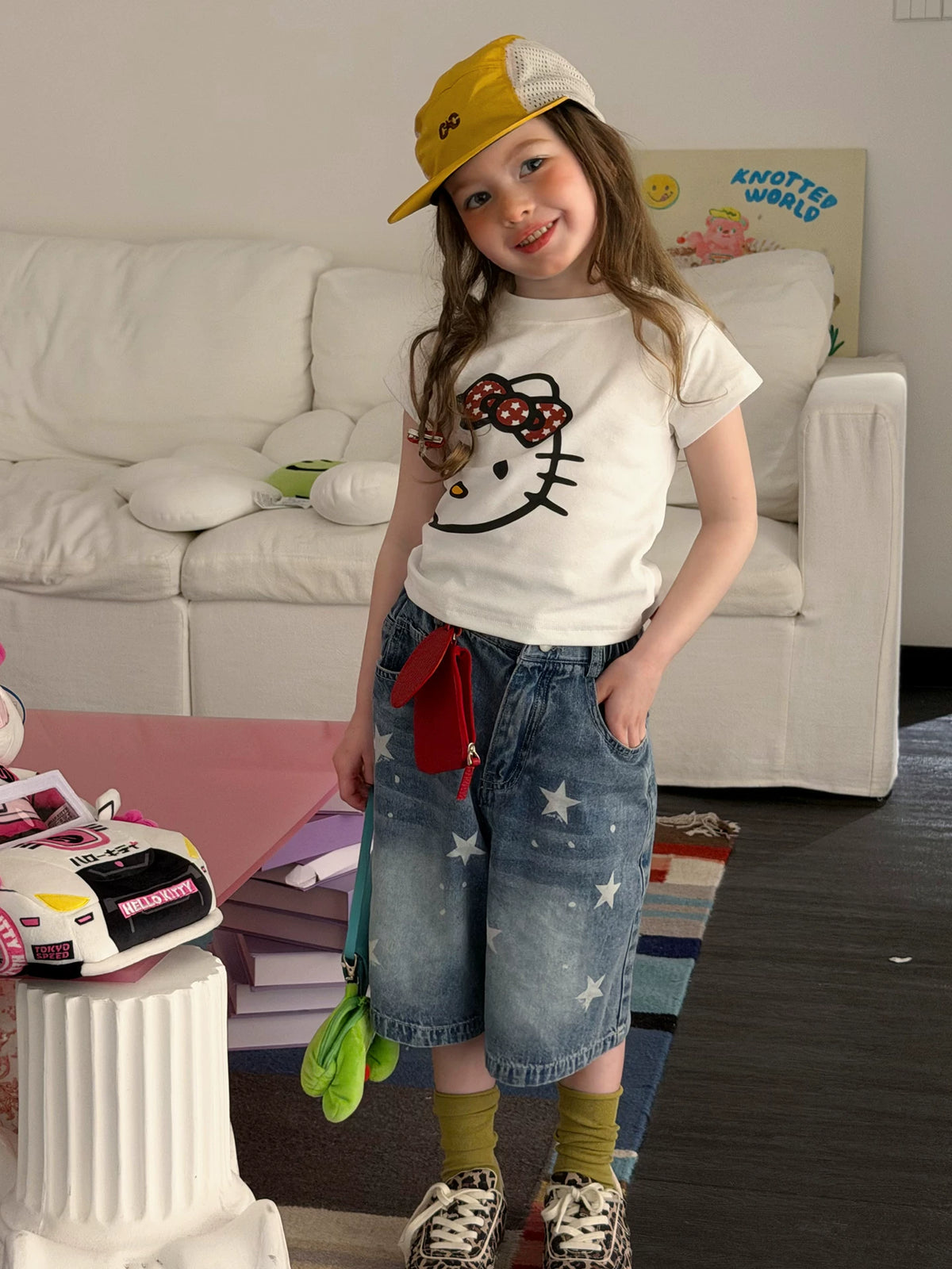 Girls Cartoon Tee & Star Denim Capri Set - Summer Mix & Match Outfit