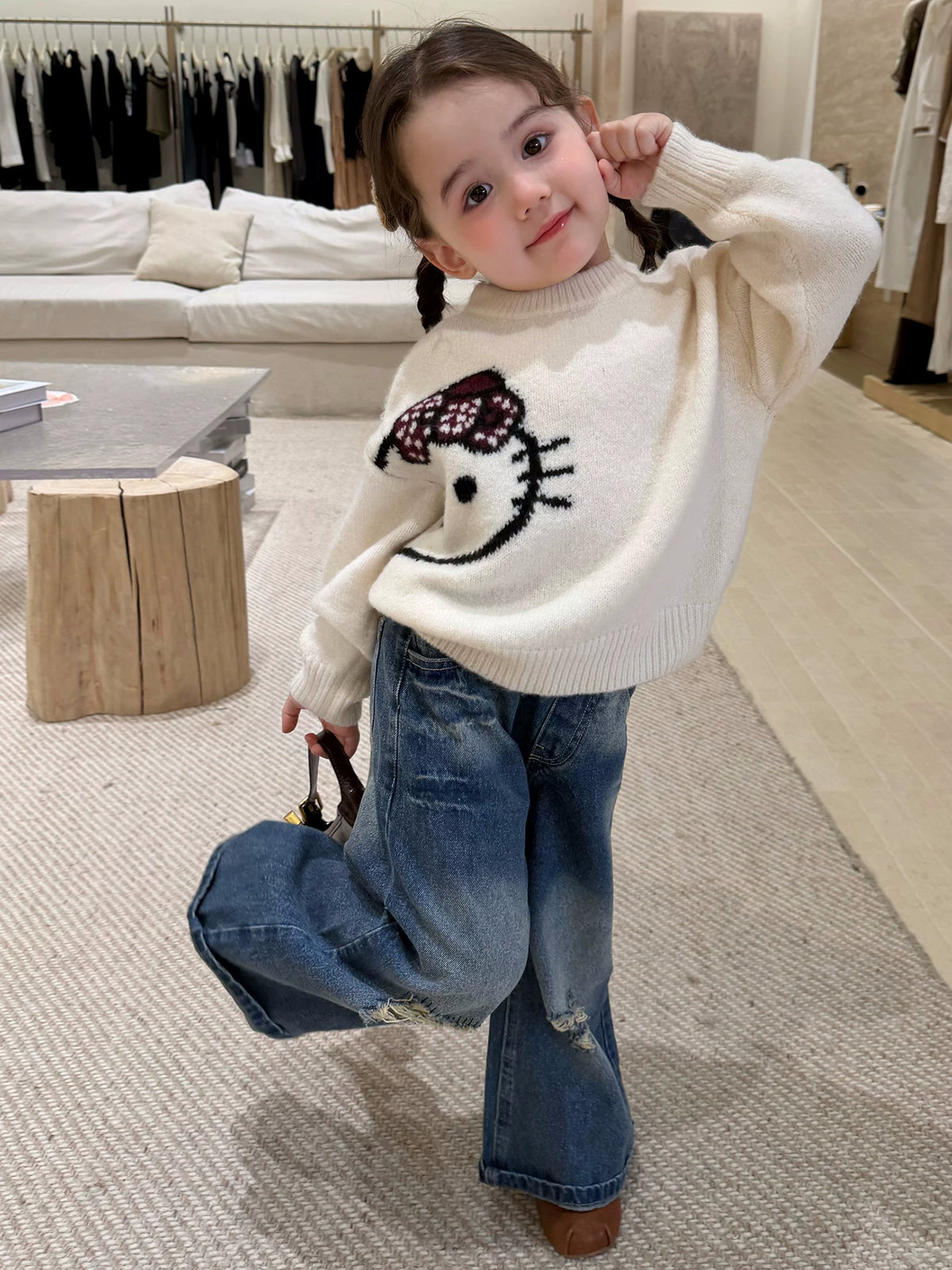 Girls Kitty Cartoon Sweater & Jeans Set - Soft Knit Autumn Two-Piece