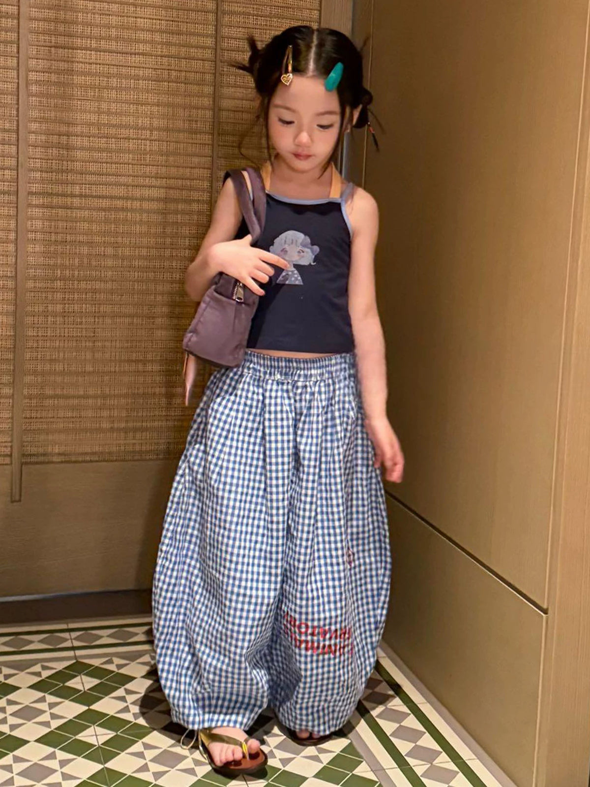 Girls Double-Strap Cami & Plaid Lantern Pants Set - American-Style Summer Two-Piece
