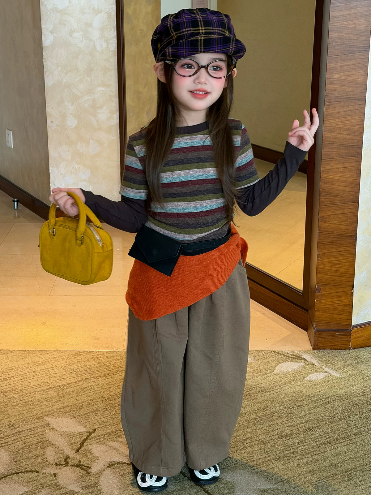 Girls Faux Two-Piece Striped Tee & Wide-Leg Pants Set - Korean Autumn Outfit
