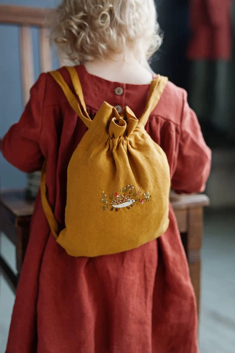 Linen Kids Backpack - Embroidered Animal Daypack, 2 Sizes
