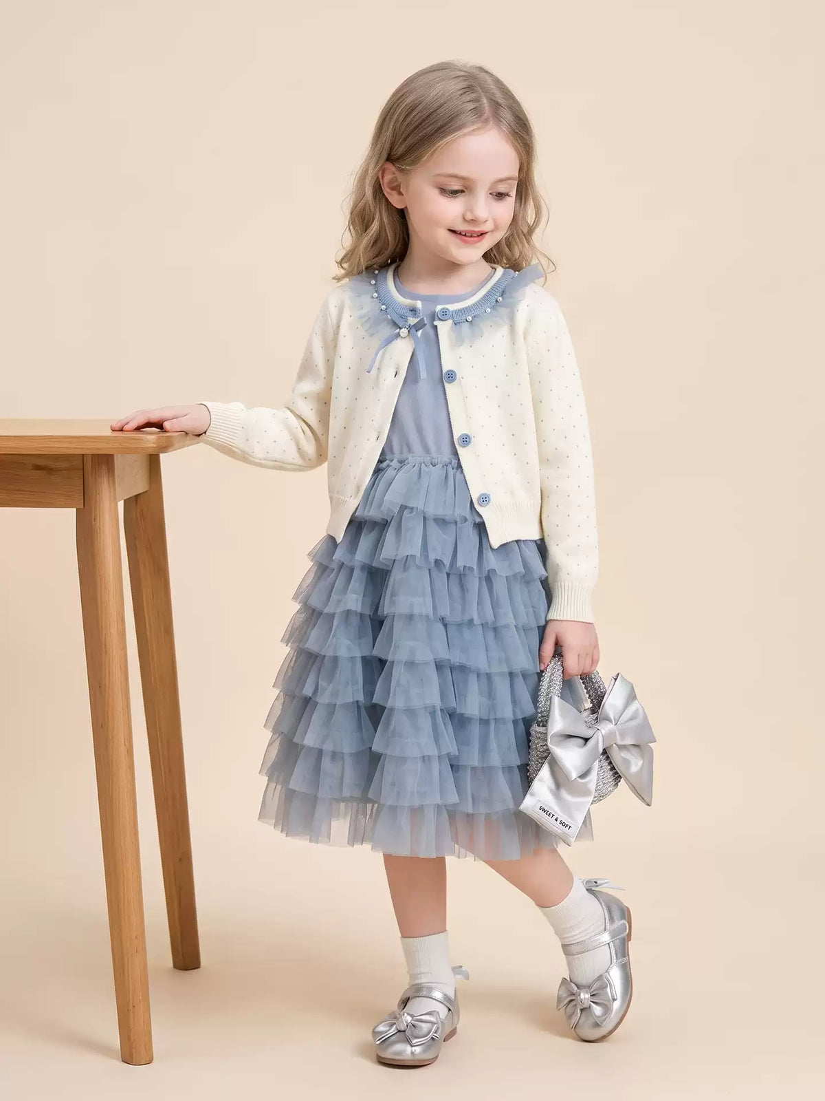 Girls Knit Cardigan & Tulle Skirt Set - Blue Korean Two-Piece