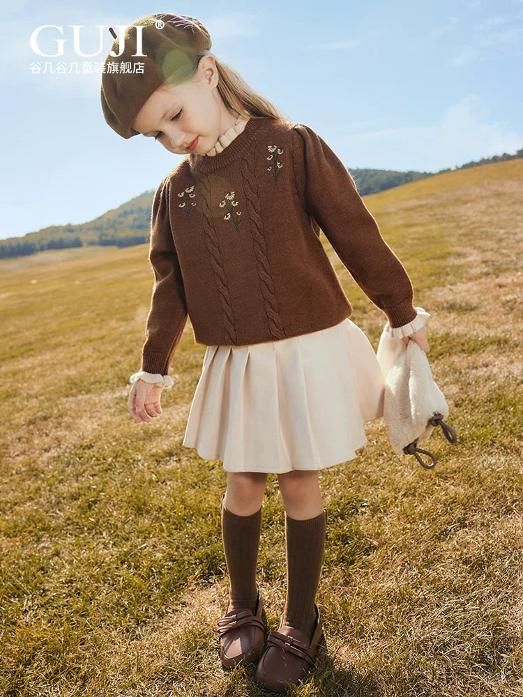 Girls Hand-Knit Crew-Neck Sweater - Embroidered Lace-Trim Pullover