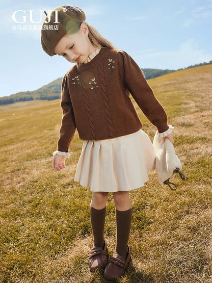 Girls Hand-Knit Crew-Neck Sweater - Embroidered Lace-Trim Pullover