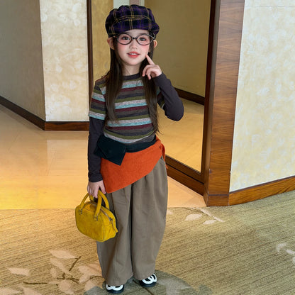 Girls Faux Two-Piece Striped Tee & Wide-Leg Pants Set - Korean Autumn Outfit