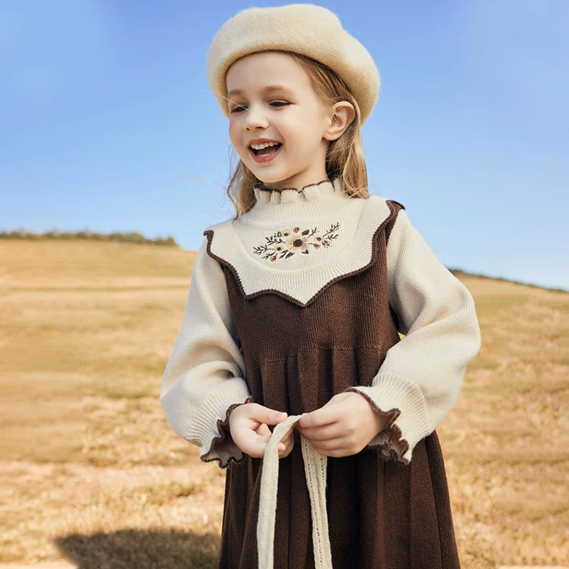 Girls Preppy Princess Sweater Dress - Embroidered Knit Midi, Fleece Options